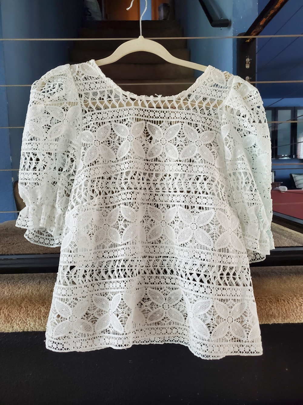 Nolan Miller Ivory Crochet Lace Puff Sleeve Blouse